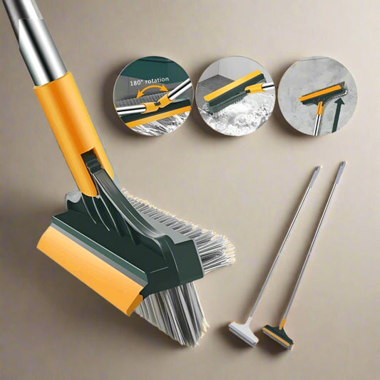 Cleaning tool with brush and squeegee attachments on a white background