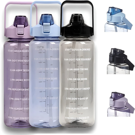 Set of motivational water bottles with time markers on a white background