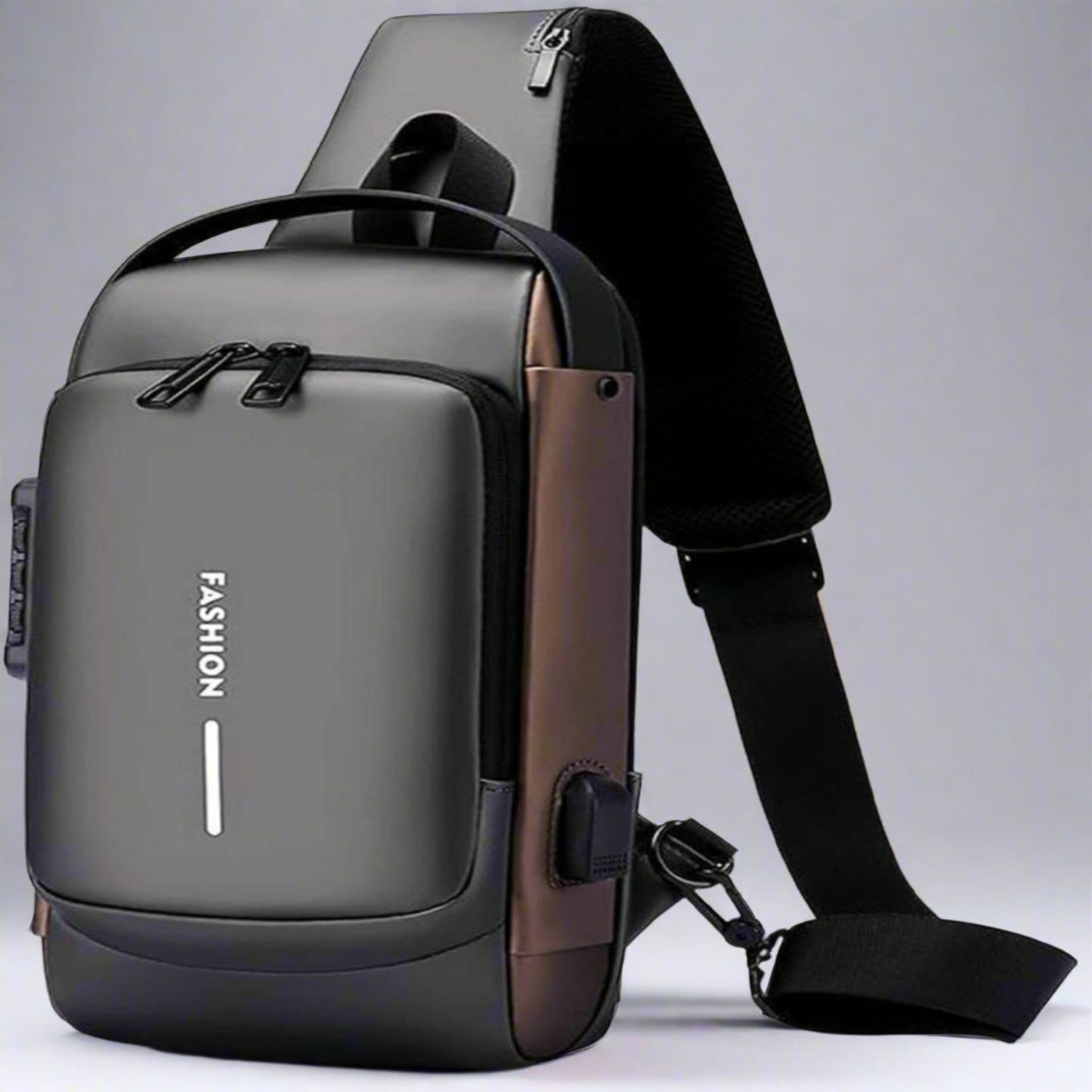 Gray and brown crossbody bag with USB port on a white background