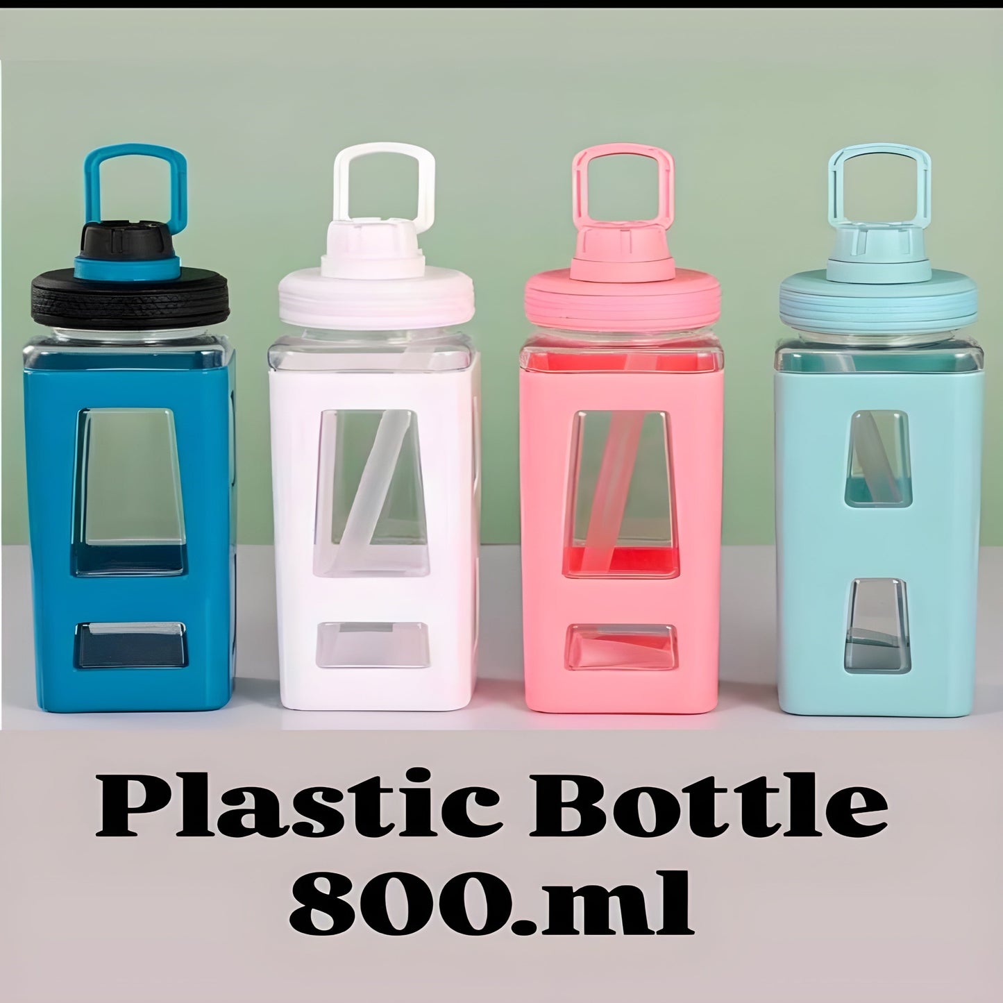 Stylish 800ml Square Plastic Water Bottles with Silicone Sleeve & Carry Handle