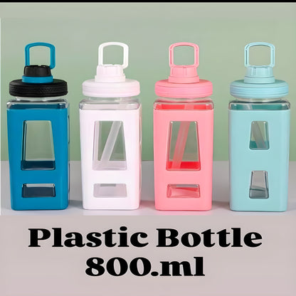 Stylish 800ml Square Plastic Water Bottles with Silicone Sleeve & Carry Handle