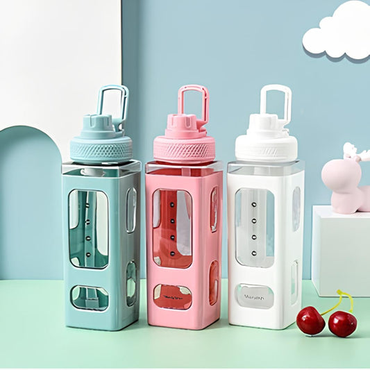 Stylish 800ml Square Plastic Water Bottles with Silicone Sleeve & Carry Handle
