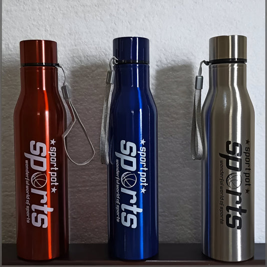 Three metallic water bottles with 'sport pots' branding on a textured surface.