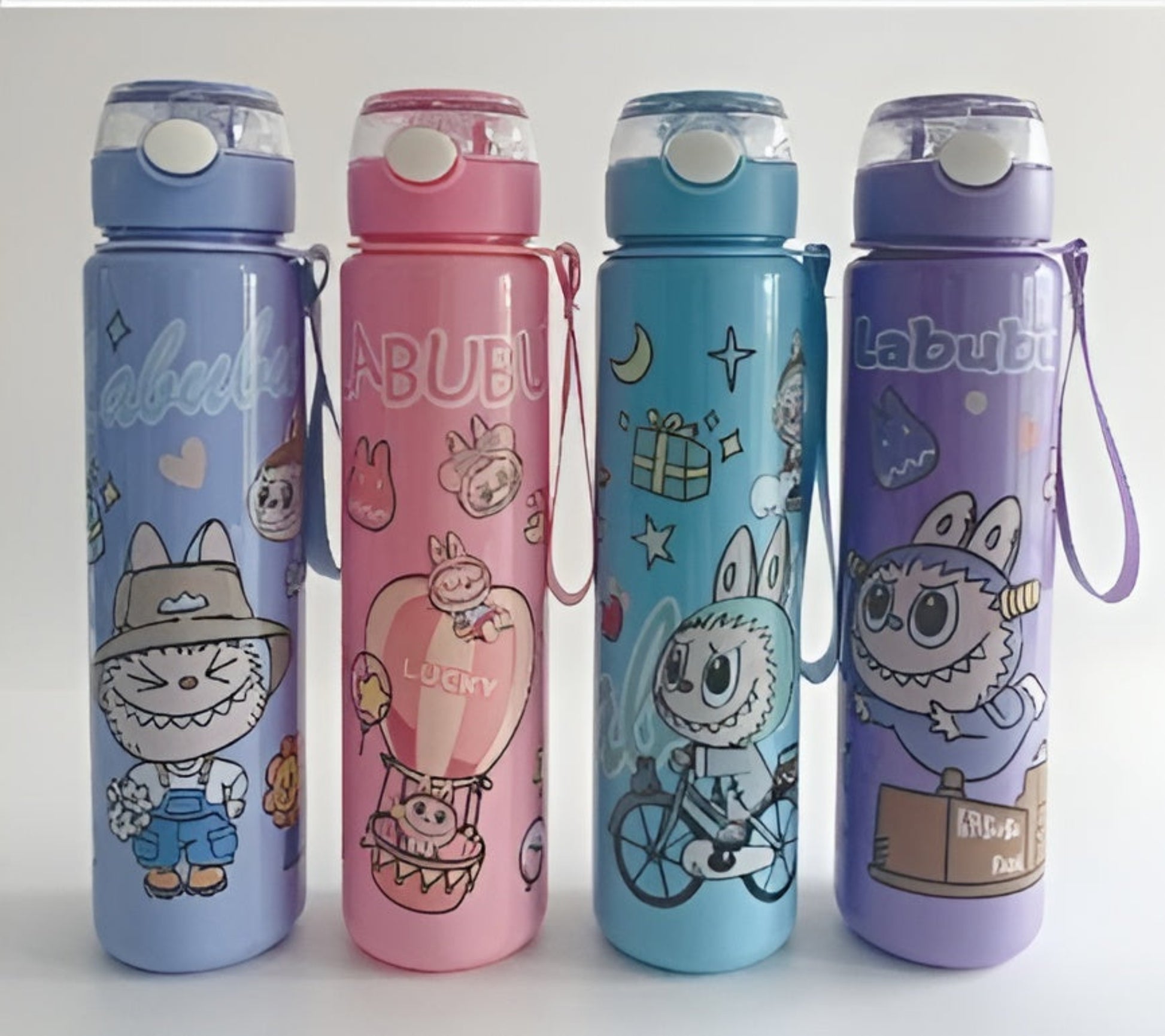 Four colorful water bottles with cartoon designs and 'Labubu' branding on a white background.