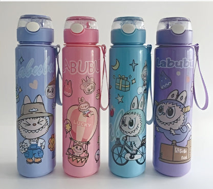 Four colorful water bottles with cartoon designs and 'Labubu' branding on a white background.
