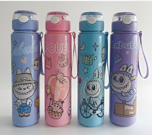 Four colorful water bottles with cartoon designs and 'Labubu' branding on a white background.